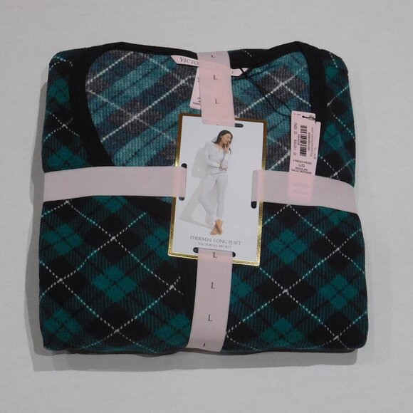 NWT 2pc Victoria's Secret Dark Green Plaid Thermal Pajamas sz X-Large - Picture 1 of 1